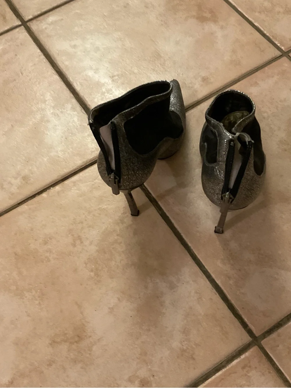 Sam Edelman Silver Glitter Pointed Toe Stiletto Booties with Black Mesh Insets